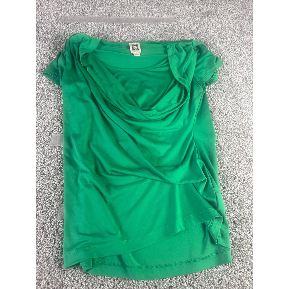 Anne Klein Cowl Neck Short Sleeve Top Women's Green Drape Front Blouse - M